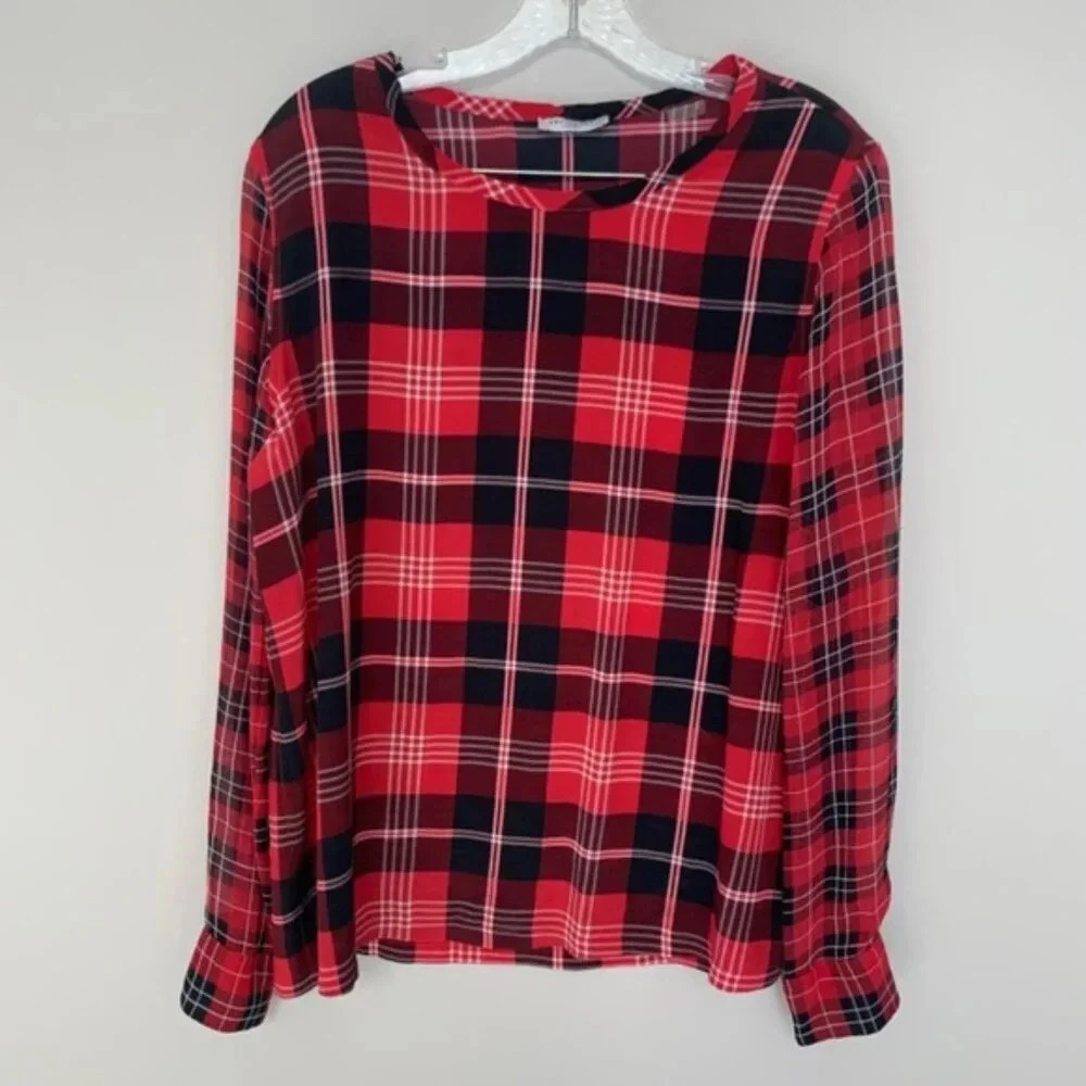 Equipment Femme Liam Silk Plaid Top Black Red L